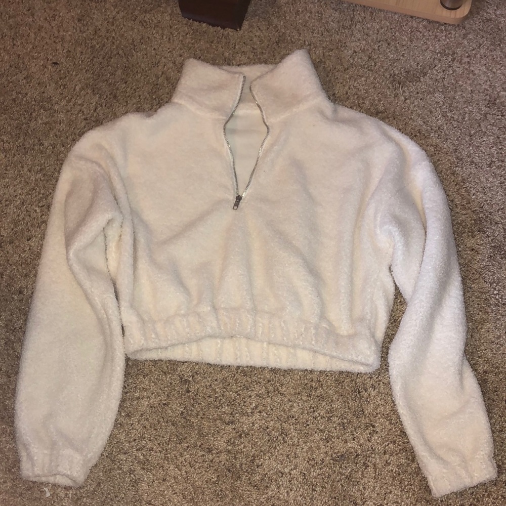 White Cropped Teddy Bear Quarter ZIP